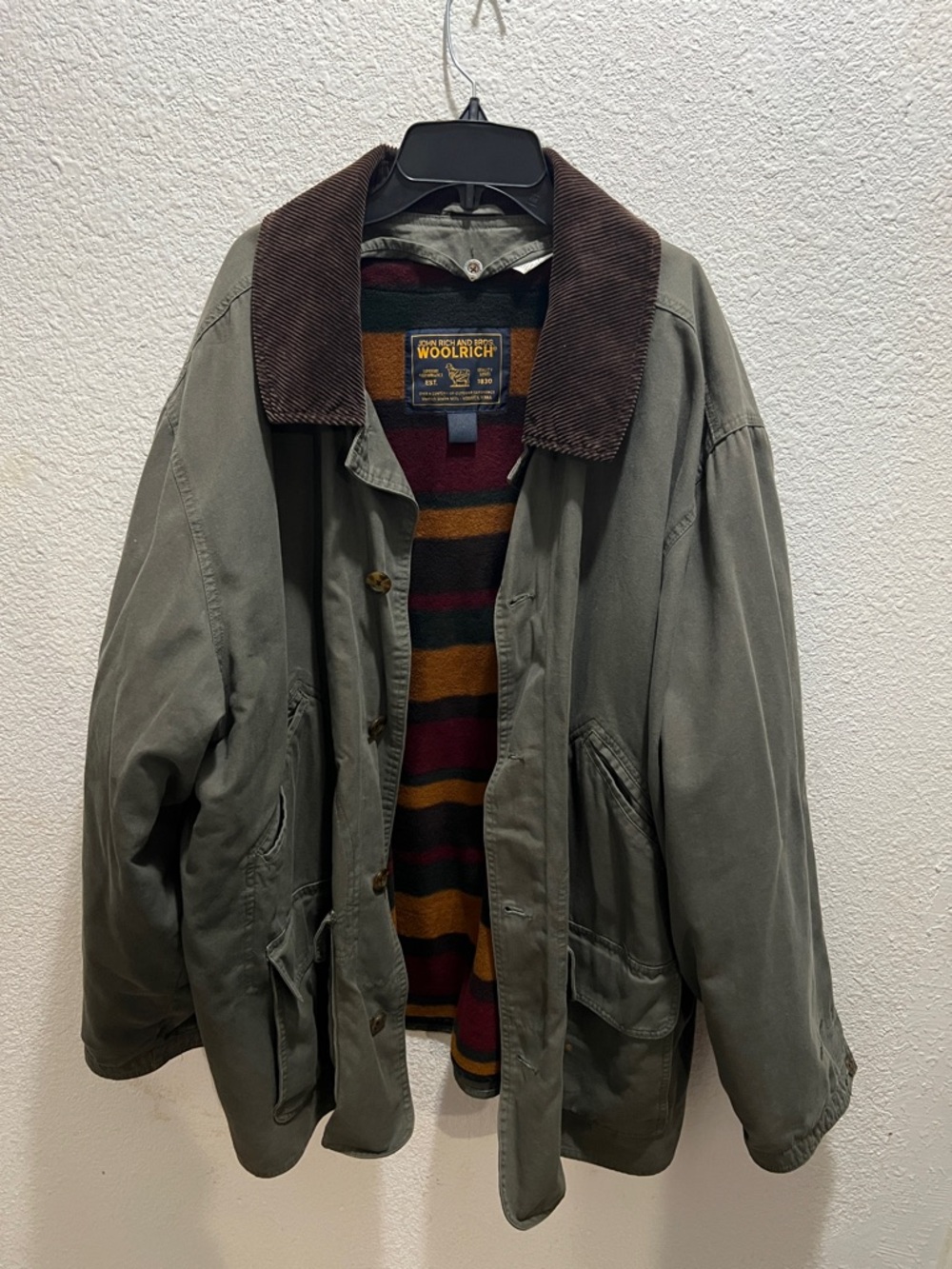 Woolrich Men's Olive Green Field Jacket with Brown Corduroy Collar